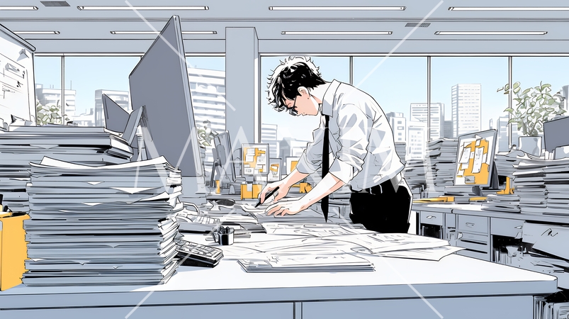 オフィスのデスクで、入念に書類をチェックする男性