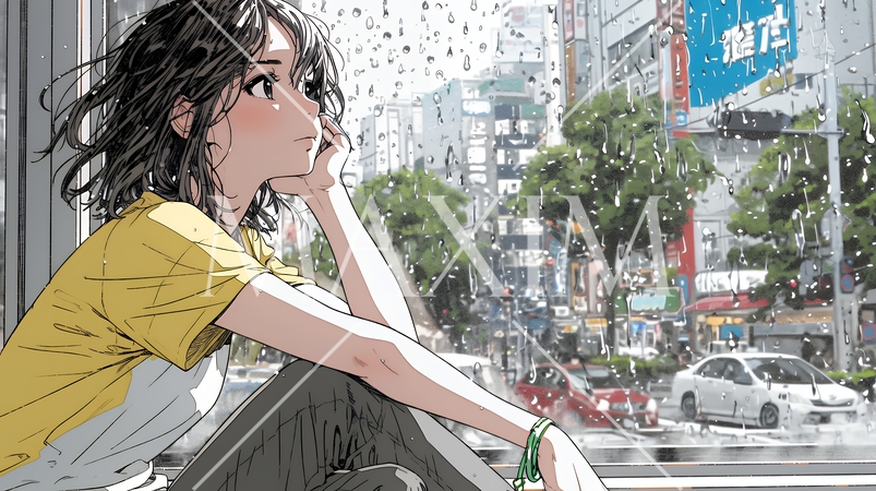 思案・反省・諦め? 窓から流れ落ちる雨粒を見つめる若い女性