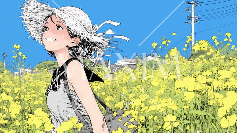 菜の花畑にいる若い女性