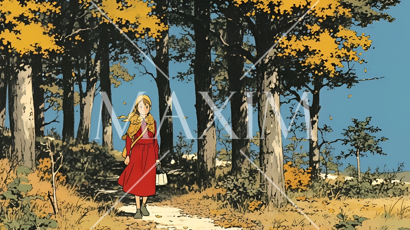 紅葉の小径を歩く若い女性