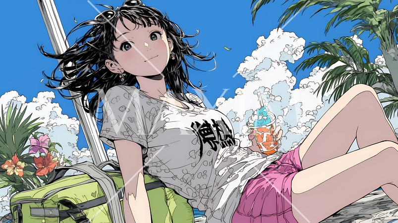 夏の空と南陽植物と若い女性