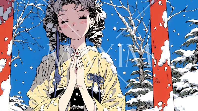 和服を着て初詣をしている若い女性