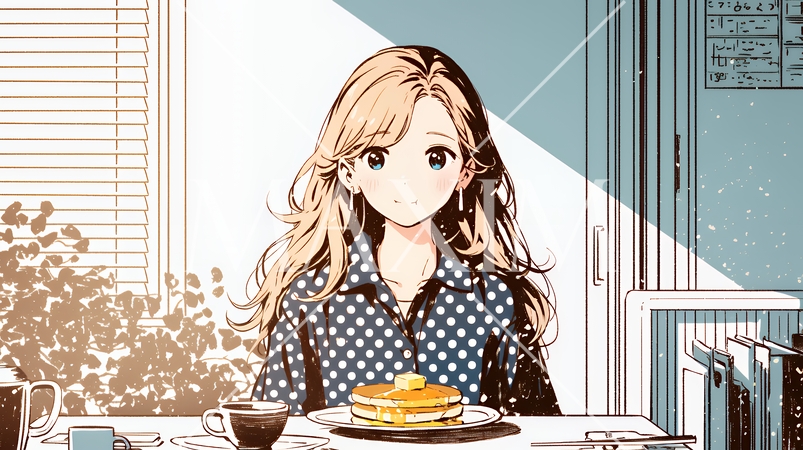 早朝のダイナー（喫茶店）でパンケーキ（モーニングセット）を食べる若い女性