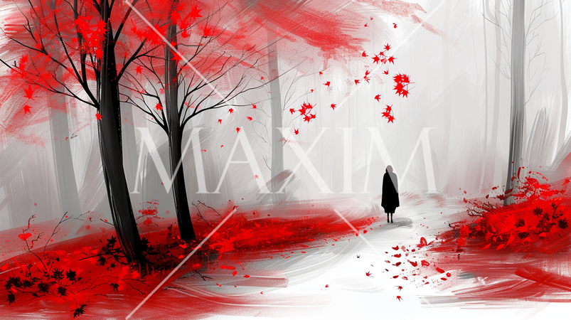 真っ赤な紅葉の森で一人で歩いている女性