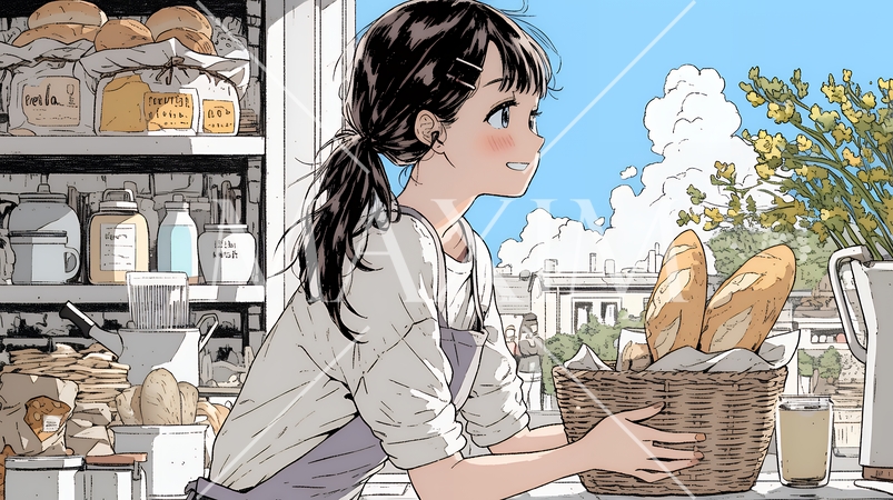 近所のパン屋で焼きたてパンを買う若い女性