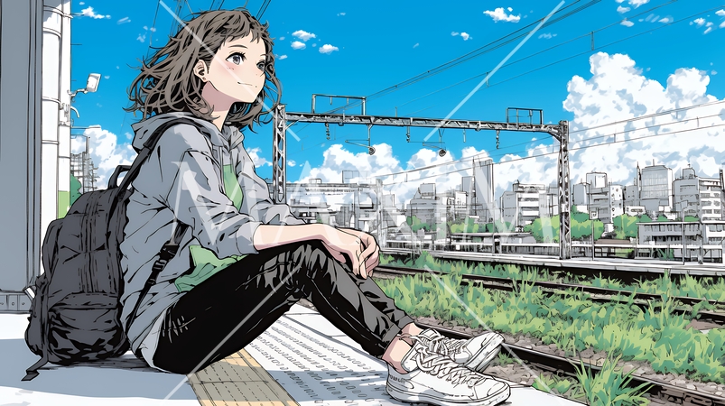 駅のホームで、なかなか来ない電車を待ちくたびれている若い女性