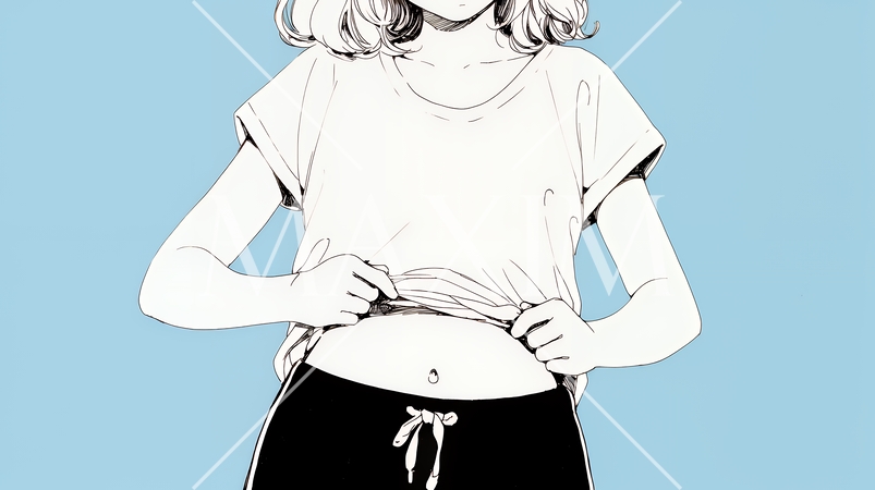 ウェストライン（腰回り）をチェックしている女性（シンプルな色使い）