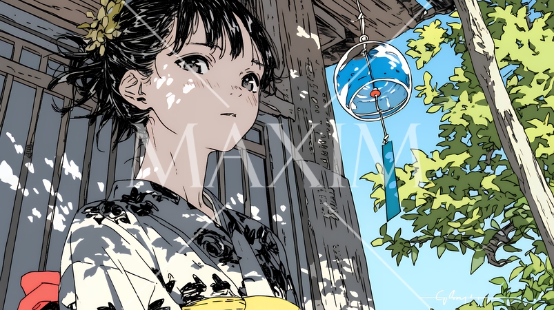 風鈴の音色を聞いている若い女性