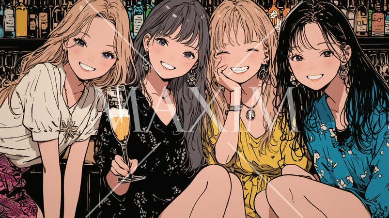 女子会：気の合う女友達が集まり、酒を交わし、おいしい食事をしながら、仕事の話や恋バナをしている