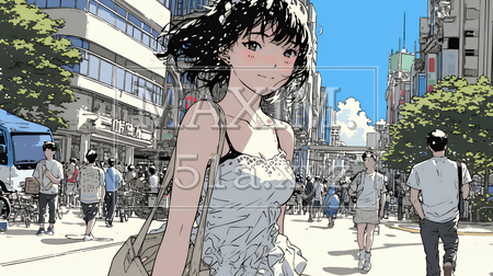 夏の昼下がり、白いドレスを着て街歩きをしている若い女性（イラストID:2213131-18010）