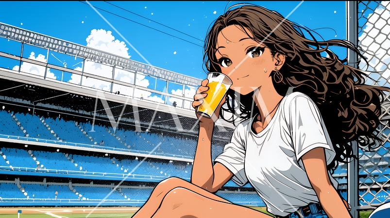 野球などの屋外スポーツを観戦しながら、ビールを楽しむ若い女性。