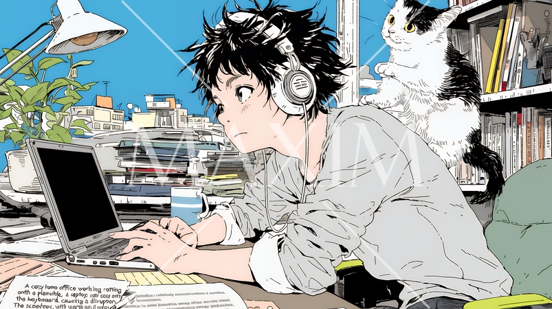 自宅でのリモートワークの場面：ペットのネコと奮闘中