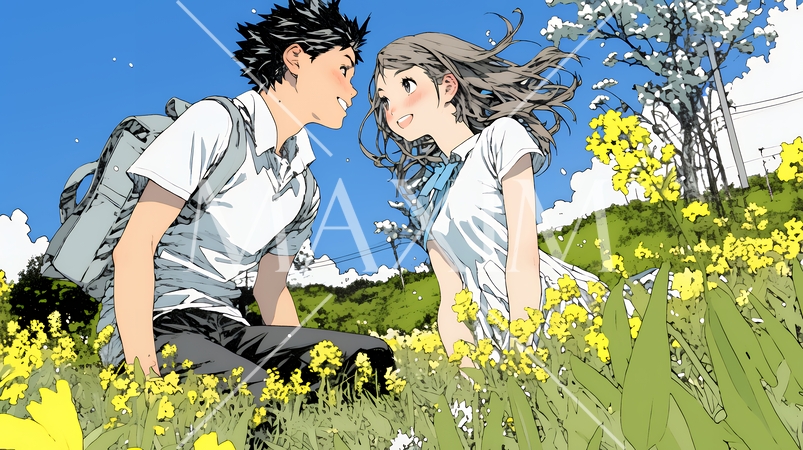 菜の花畑でデートをしている若いカップル