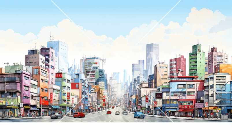 東京の下町の大通りの水彩画