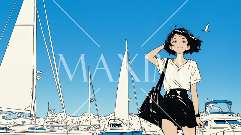 沖縄のヨットハーバーに立つ若い女性（シンプルな色使い）