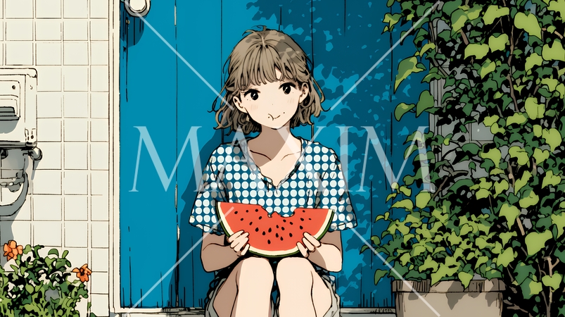 スイカを縁側で食べている若い女性