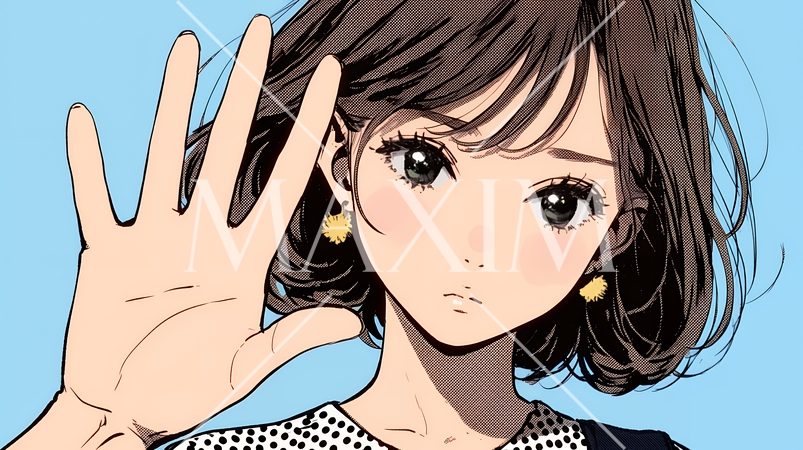 手のひらを相手に向けて見せるジェスチャーをして拒否の意思を表している若い女性