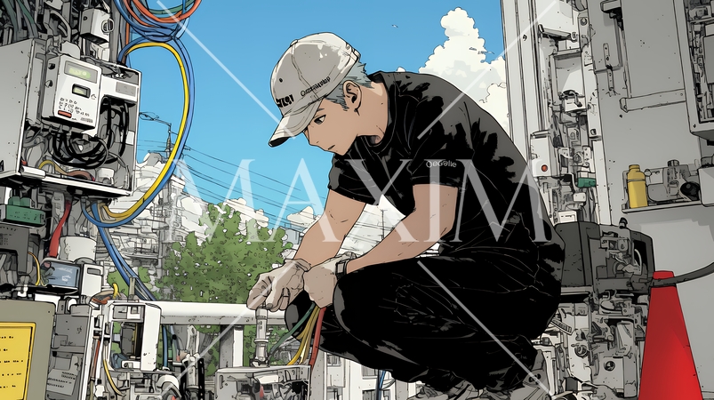 配線工事をしている男性作業員