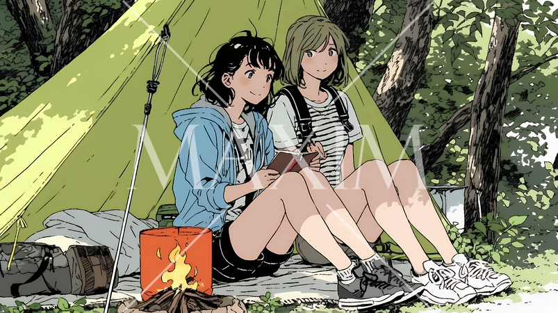 女友達と一緒にテントキャンプを楽しむ若い女性