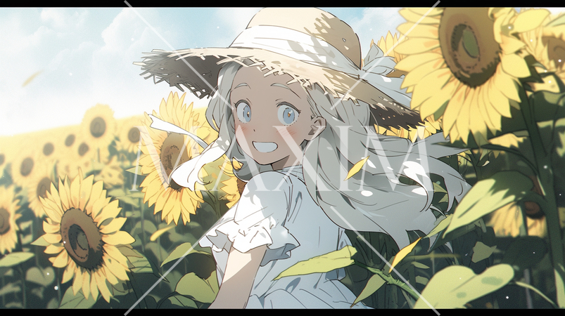 ひまわり畑の中にいるかわいらしい女の子