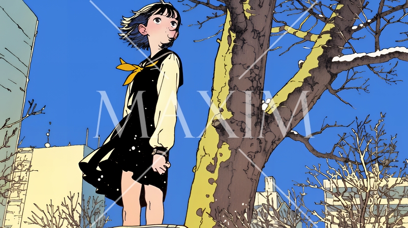 冬枯れの街を歩く若い女性