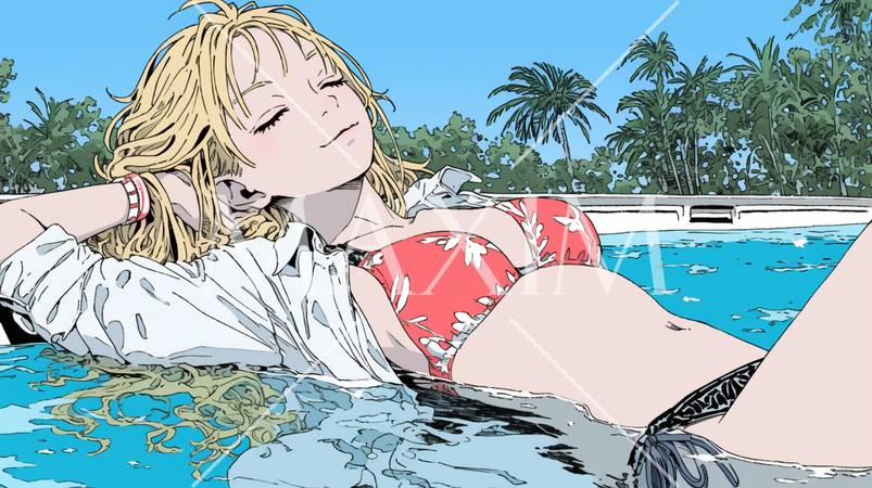 南国のリゾートホテルのプールにビキニ姿でいる若い女性