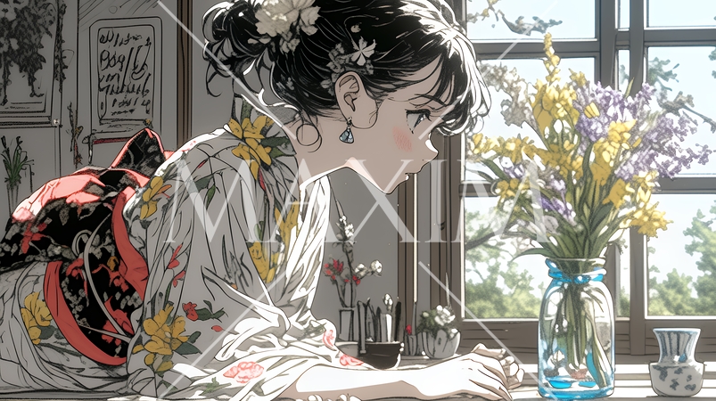 おもてなし（優しい心遣い）：来客のために花瓶に花を生ける若い女性