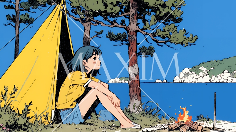 ソロキャンプを楽しんでいる若い女性