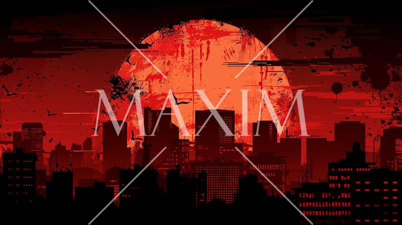 都会の真っ赤な夕焼け：シルエットの黒と赤い夕日の対比がきれい