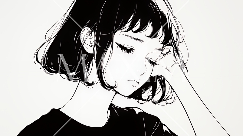 ため息をつく若い女性（シンプルな色使い）