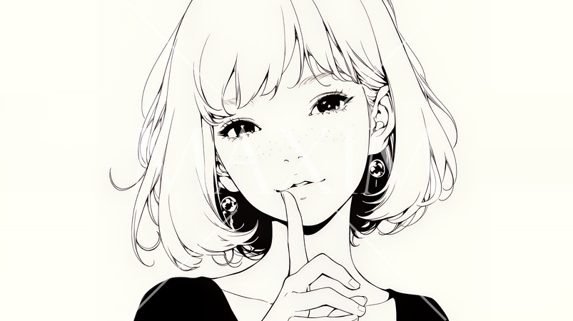 指を唇に当てて「シーShh」というジェスチャーをしている女性（シンプルな色使い）