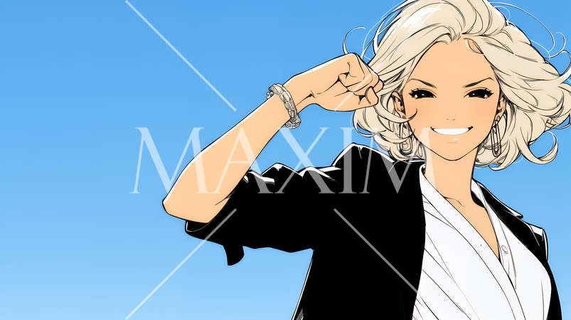 ガッツポーズ（拳を握って力強く）をしているビジネスウーマン（シンプルな色使い）