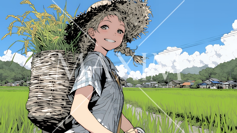 田んぼで農作業をしている女性