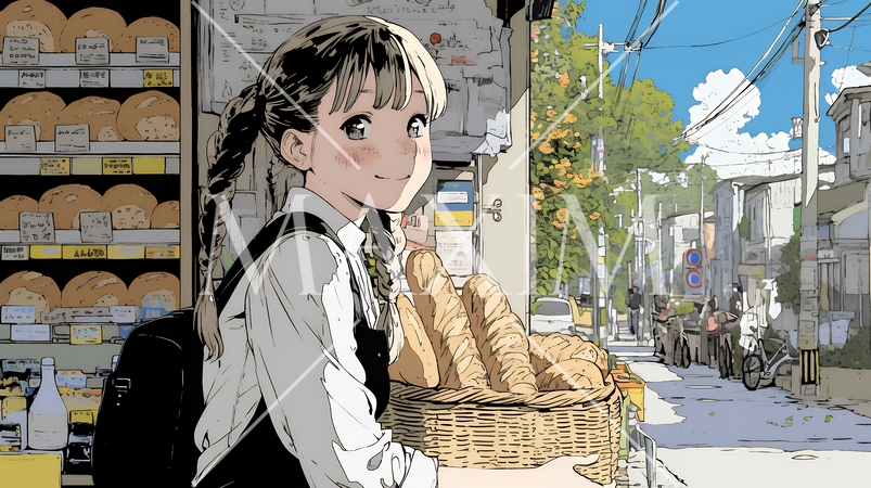 近所のパン屋で焼きたてパンを買う若い女性