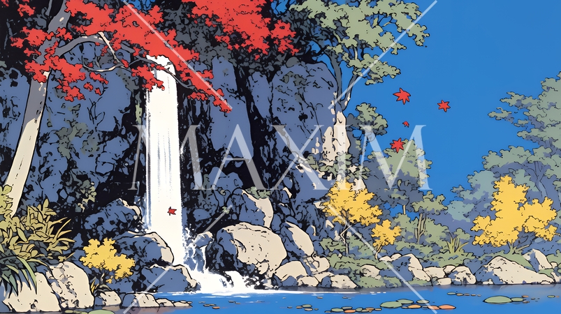 滝のある渓谷の紅葉