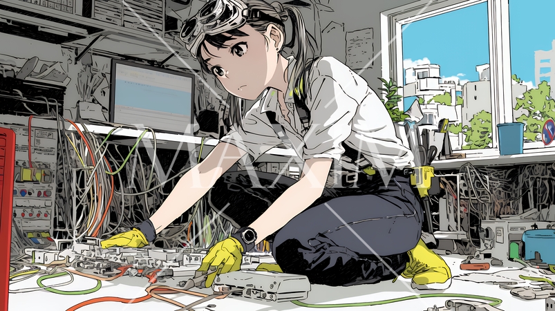 配線工事をしている女性作業員