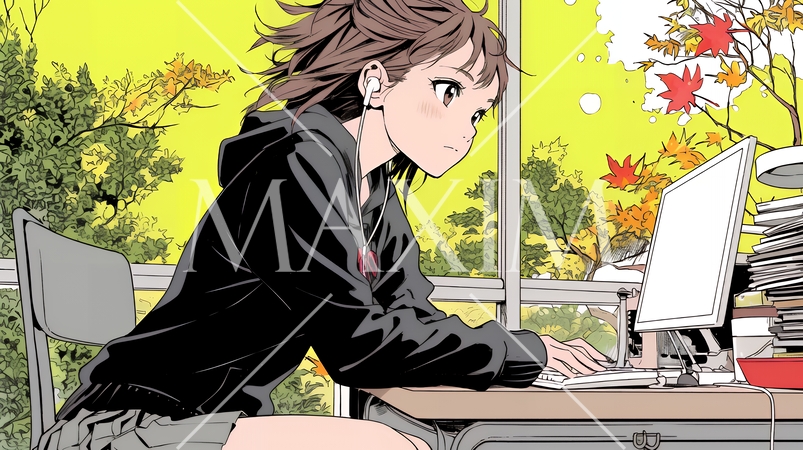 美しい紅葉の中でもPCを手放せない若い女性