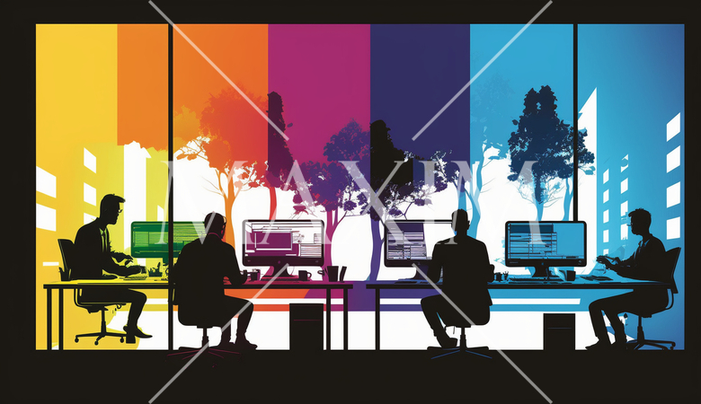 オフィス環境：オフィスでの仕事をする人々、デスクワーク、コンピューター作業。