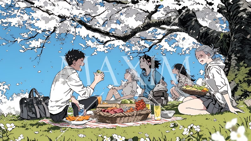 満開の桜の下で仲間たちと花見宴会