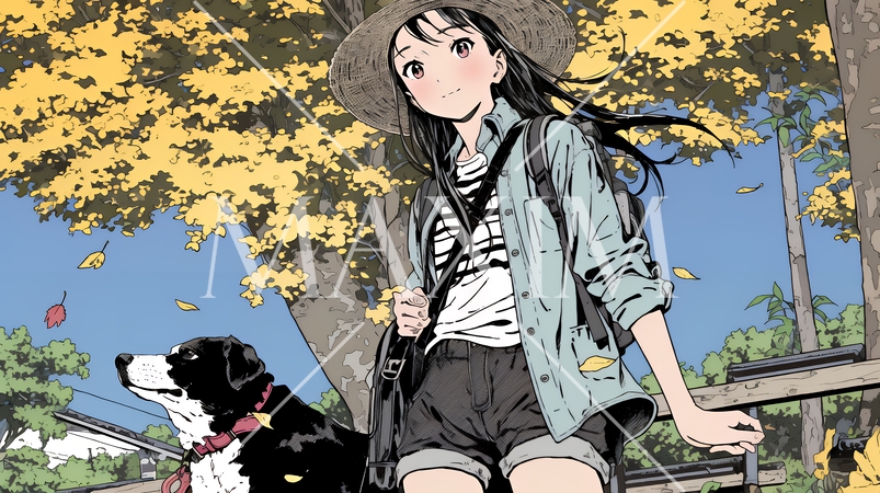 秋の野山をハイキングしている若い女性