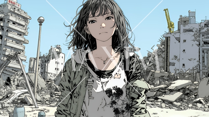 震災や空爆などで破壊された街で孤独に立ちすくむ若い女性