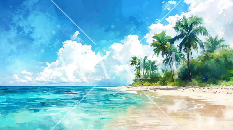 南国の島の浜辺と青い空のイラスト