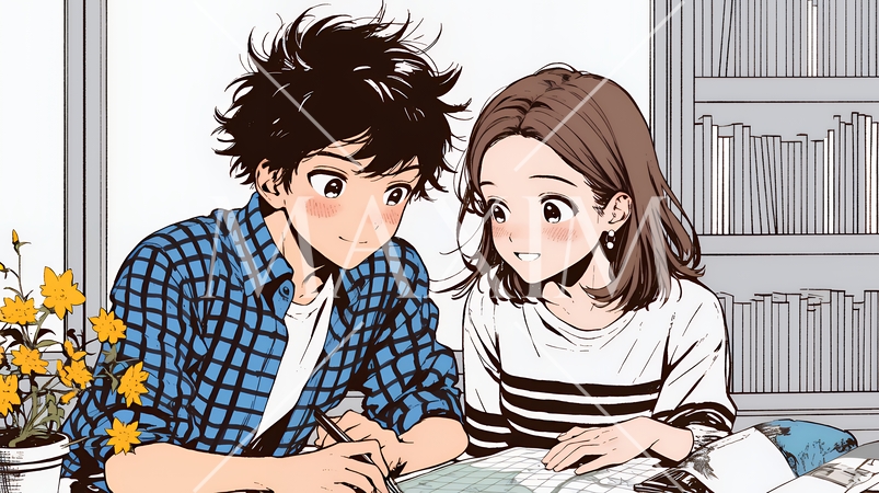 仲良く二人で旅行の計画を立てている若いカップル