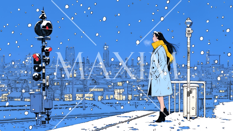 雪の降るホームで電車待ちをしている若い女性