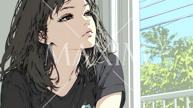 眉をひそめている女性：心配そうに窓の外を見つめている