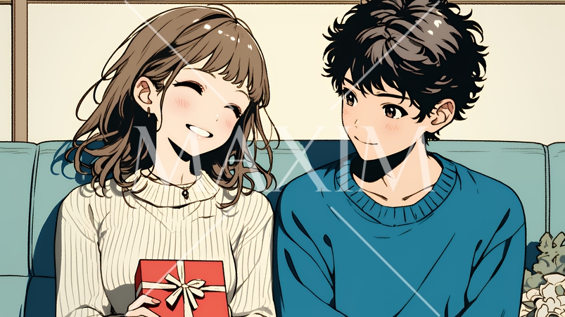 バレンタインディのチョコを男性に渡そうとしている若い女性