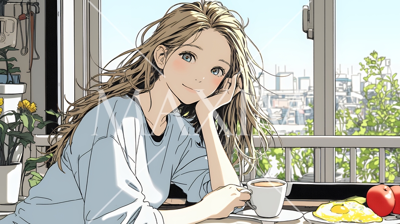 ゆったりした気分で朝食を一人で食べている若い女性