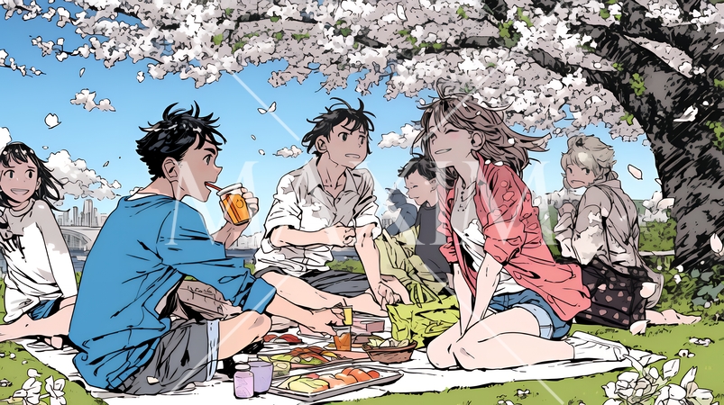 満開の桜の下で仲間たちと花見宴会