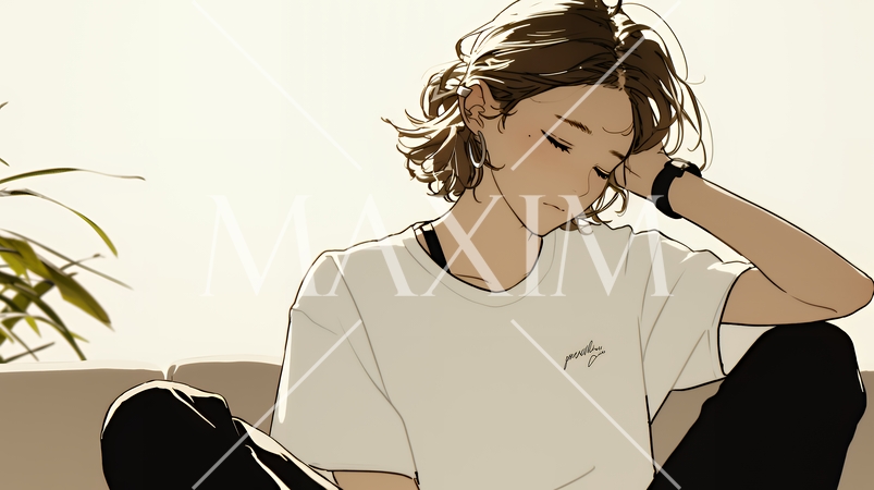 腹痛（生理痛）に苦しむ若い女性（シンプルな色使い）