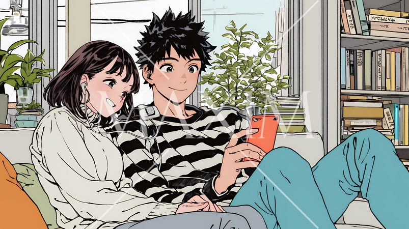 幸せそうに一緒にスマホを見る若いカップル